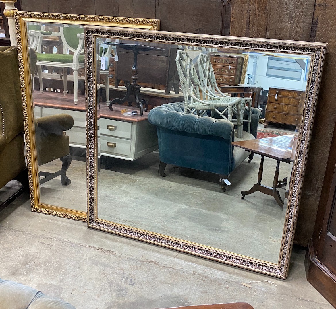 Two reproduction Victorian style rectangular gilt frame mirrors, larger width 127cm, height 128cm